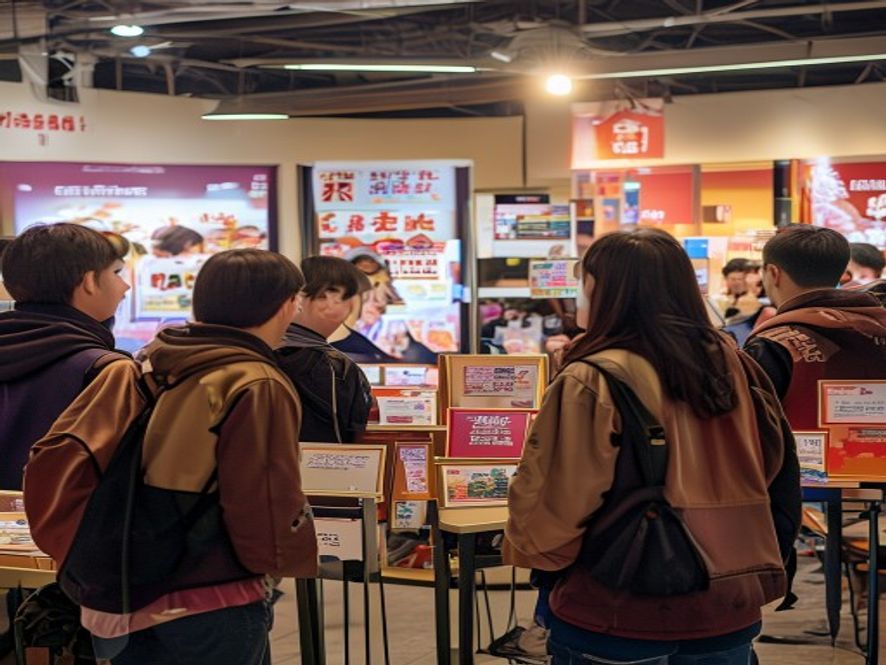 多所大学的招生摊位前排起长队,学生和家长在竞争激烈的招生现场犹豫不决