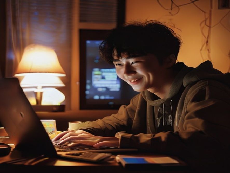 一名大学生模样的男生在宿舍电脑前假装成其他学校的学生,在群聊中发布负面评论