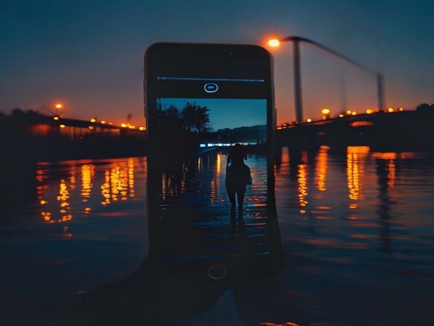 手机屏幕显示一条私信,背景是江边夜景剪影照片