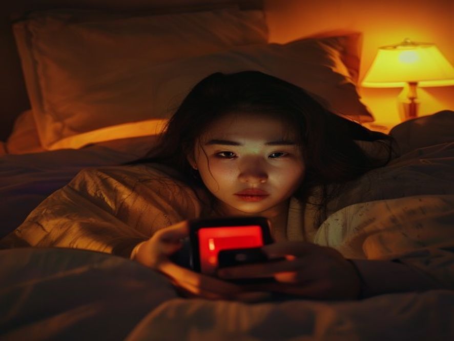 一个年轻女子深夜躺在床上刷手机,屏幕上有小红点提示