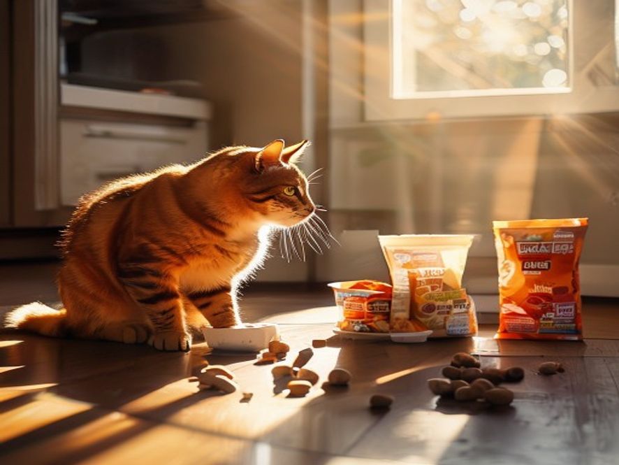 一只橘猫在厨房地板上吃碗里的猫粮,旁边散落着几包不同品牌的猫粮包装袋