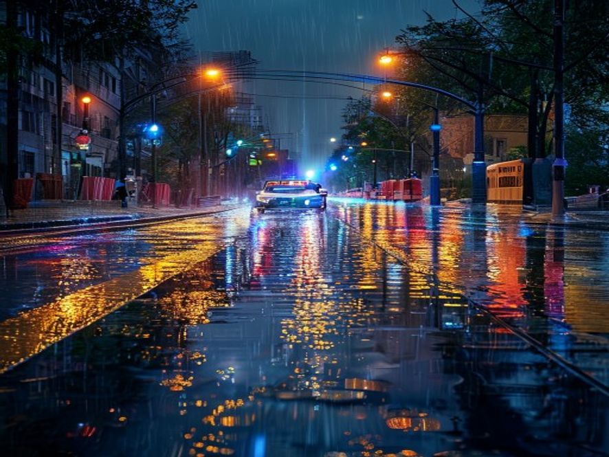 沈阳城市街道在暴雨中,警车和应急灯闪烁