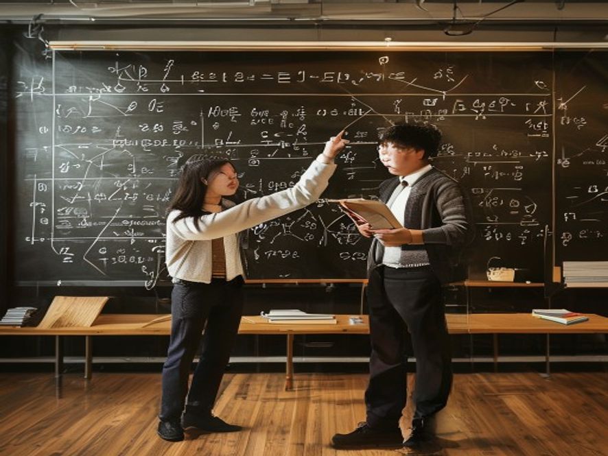 两位华裔数学家站在黑板前讨论复杂公式,黑板写满代数几何和数论算式