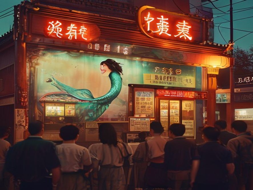 老旧影院门口张贴着《美人鱼》海报,观众排队购票