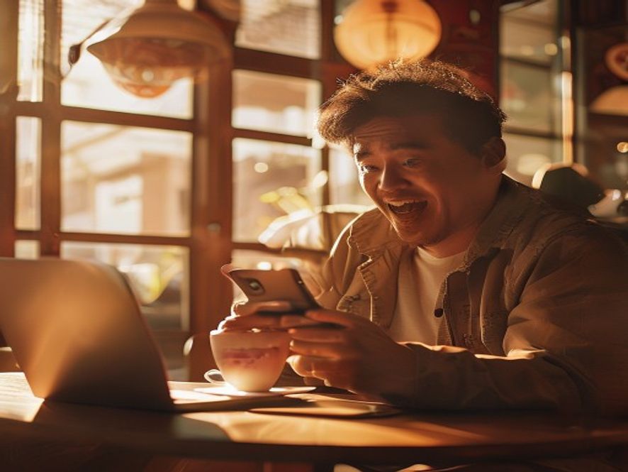 一名中国男性看着手机屏幕上30.3亿票房数字,露出惊喜表情
