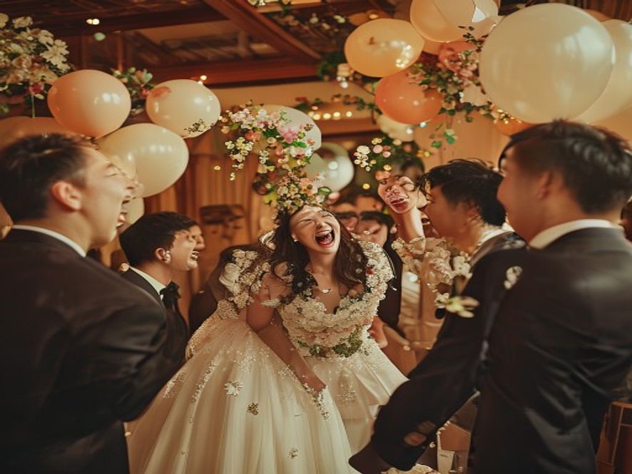 婚礼现场,几名年轻男子抛举伴娘,表情兴奋,伴娘露出惊恐表情,周围有鲜花和气球装饰,灯光昏暗危险