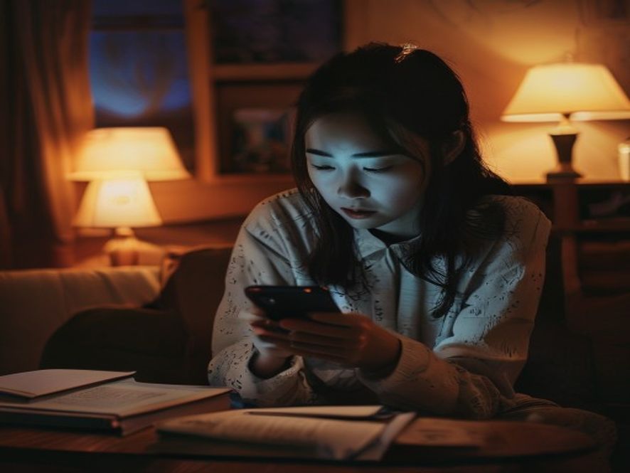 一位女教师深夜在家看手机焦虑地刷到教师失业传言
