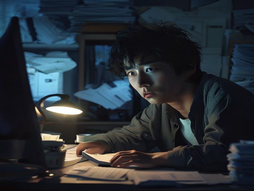 年轻人在深夜办公室加班,一脸疲惫