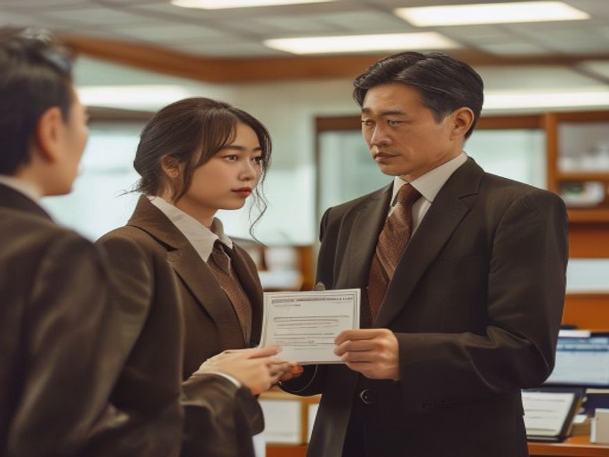 一位女性教师将教师资格证书交给校方人员,背景是大学行政办公室