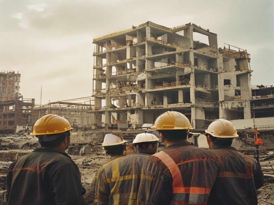 房地产工人在建设中的住宅小区工地辛勤工作