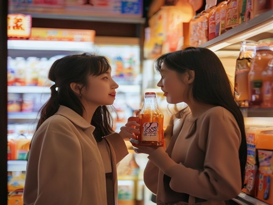 一位年轻女性在零食店货架前比较两款冰红茶,左为普通胖瓶标价3.3元,右为特供瘦瓶标价3元