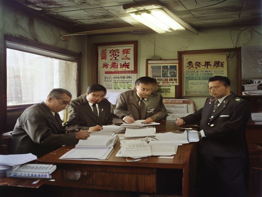 乡镇办公室内多名干部在文件上签字盖章,气氛沉闷