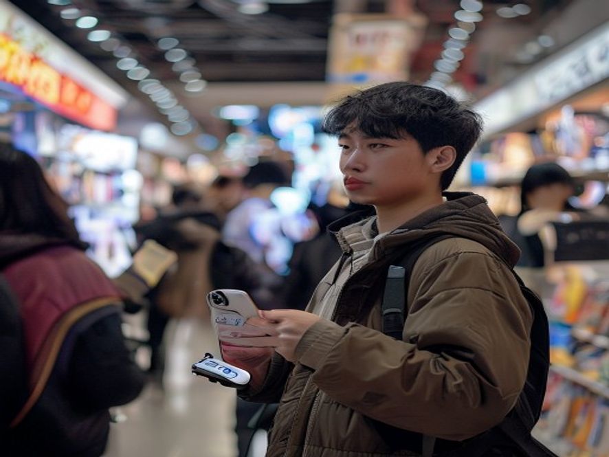 年轻人在手机卖场对比小米和其他品牌手机,犹豫不决