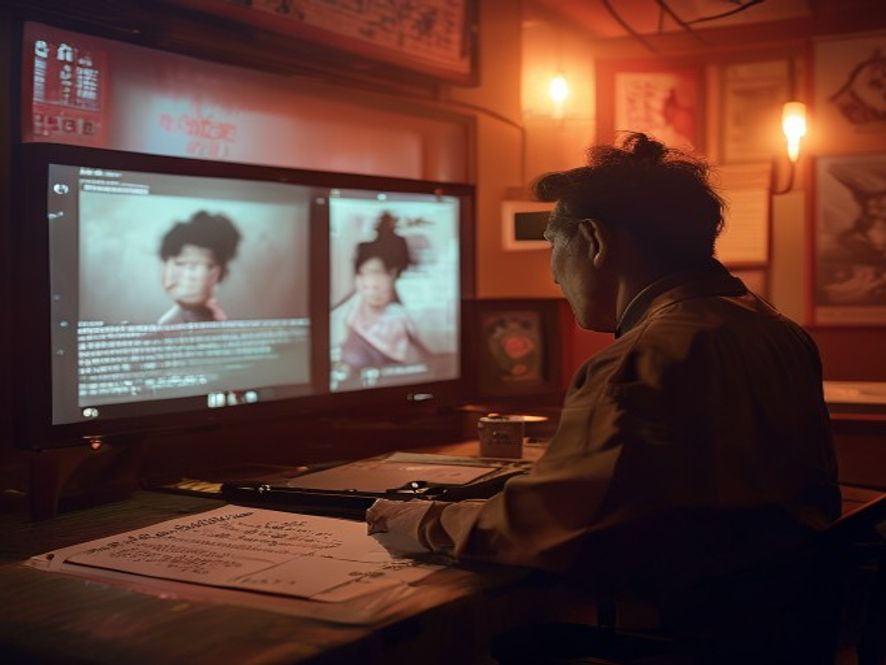 电影导演和制片人在审片室查看数字母盘,面前放着剧本和硬盘,强调剧情未改动