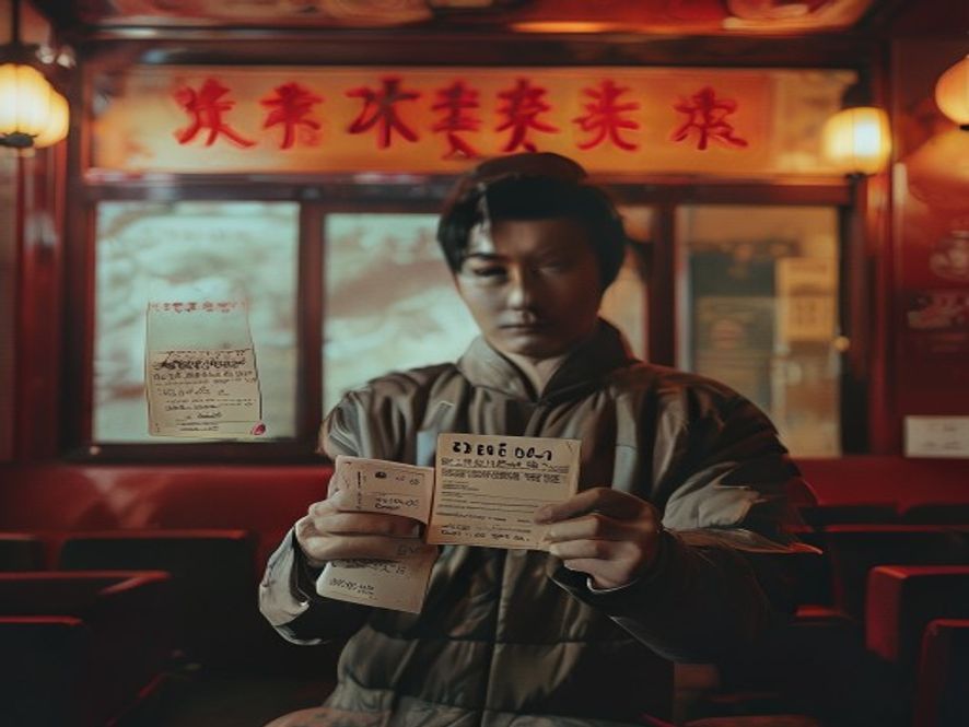 观众对比手机购票页面和手中的手写电影票