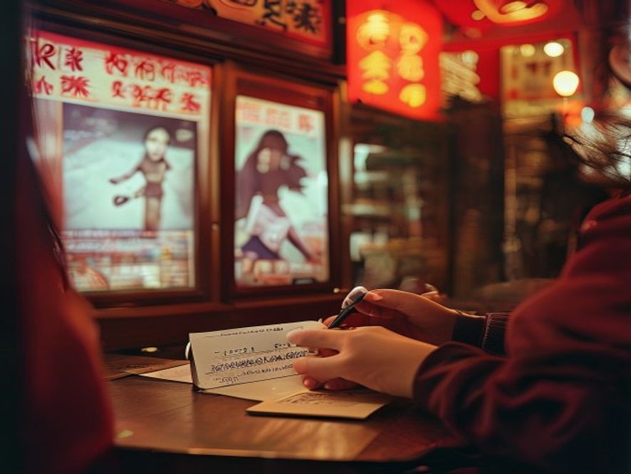 电影院工作人员手写电影票给观众