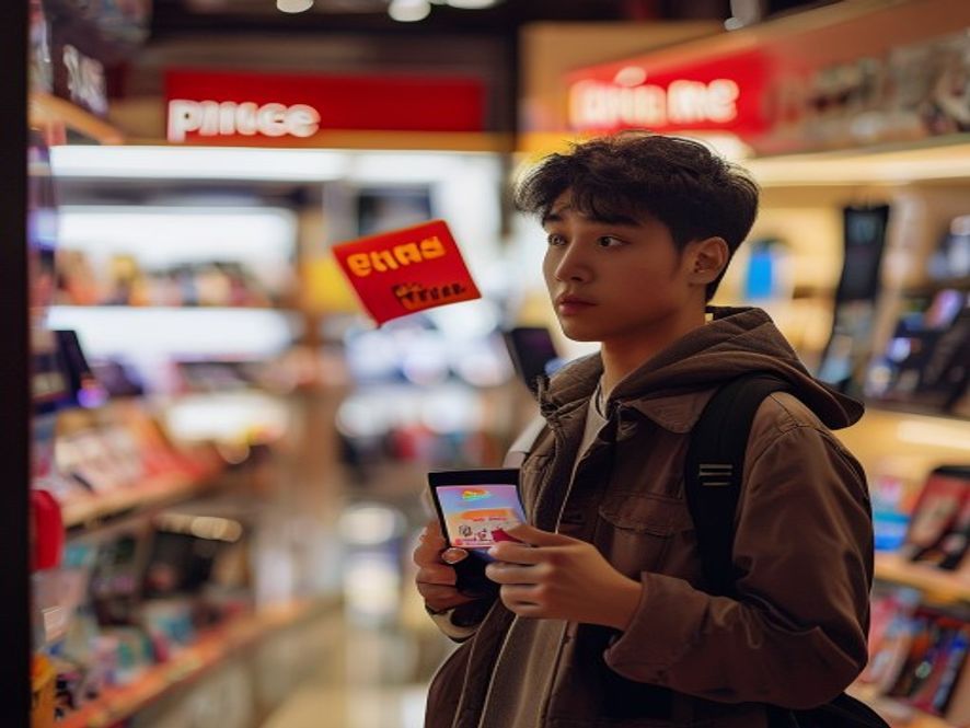 中国消费者在电子产品商店查看三星手机,价格标签和缺货通知