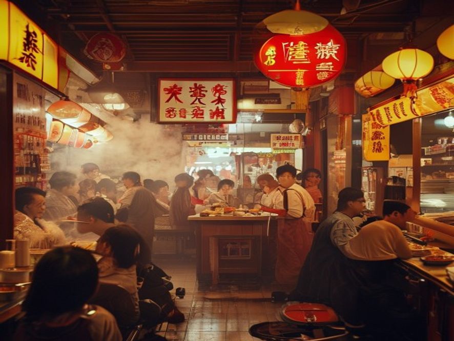 长沙文和友内热闹的市井场景,老式理发店和小吃摊