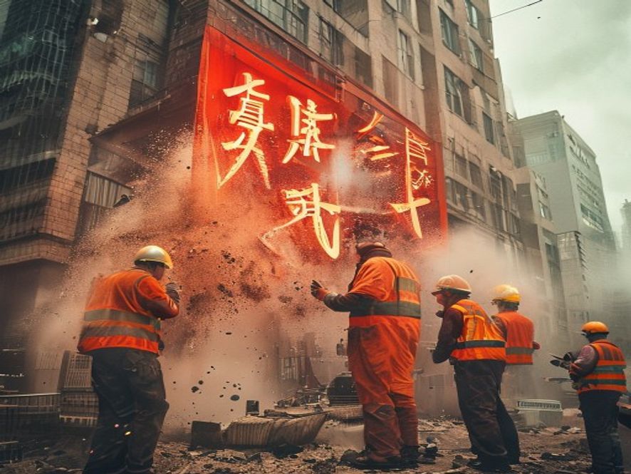 深圳文和友巨型招牌被拆除,施工人员和围观路人