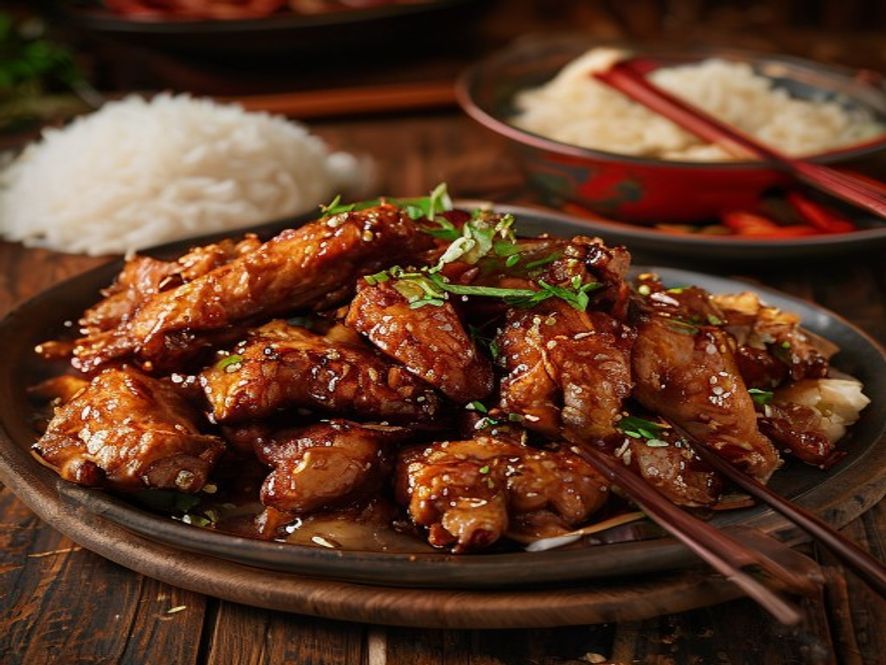 一盘贵阳辣子鸡,干辣椒和鸡肉块堆成小山,旁边是白米饭