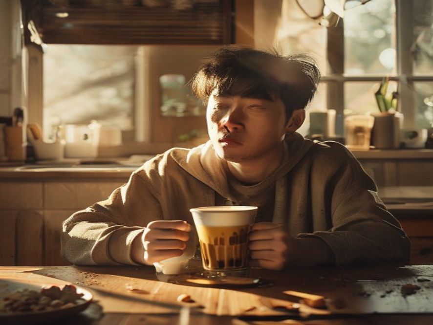 一个人正在喝一杯油腻的防弹咖啡,表情痛苦