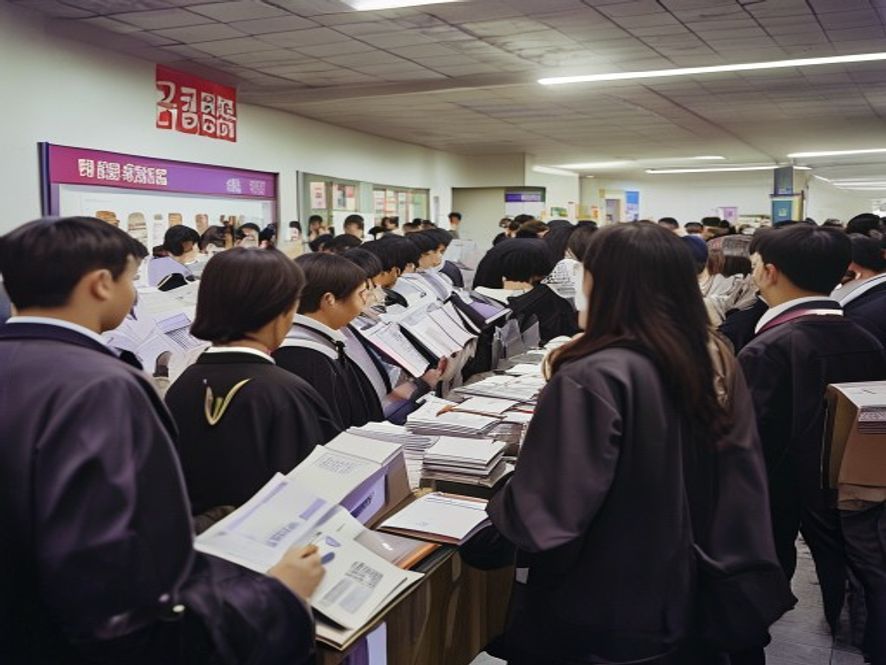 博士招聘会上众多毕业生拥挤投递简历,高校展位前长队