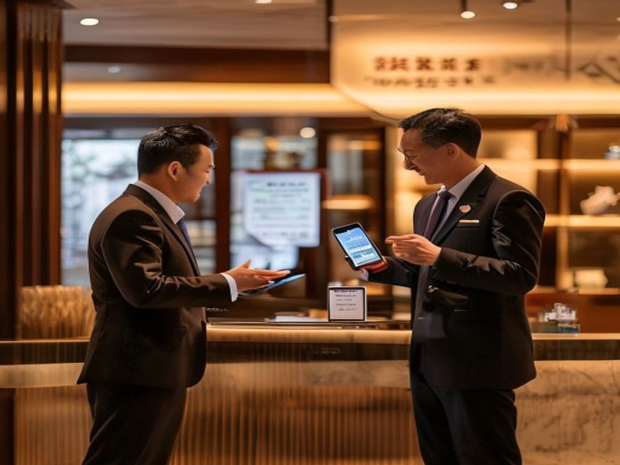 酒店前台两名客人正在对比不同酒店的早餐政策,工作人员展示价格牌
