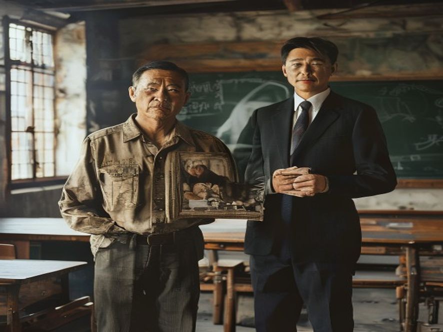 乡村教师叔叔在简陋教室里,对比当年同学的照片