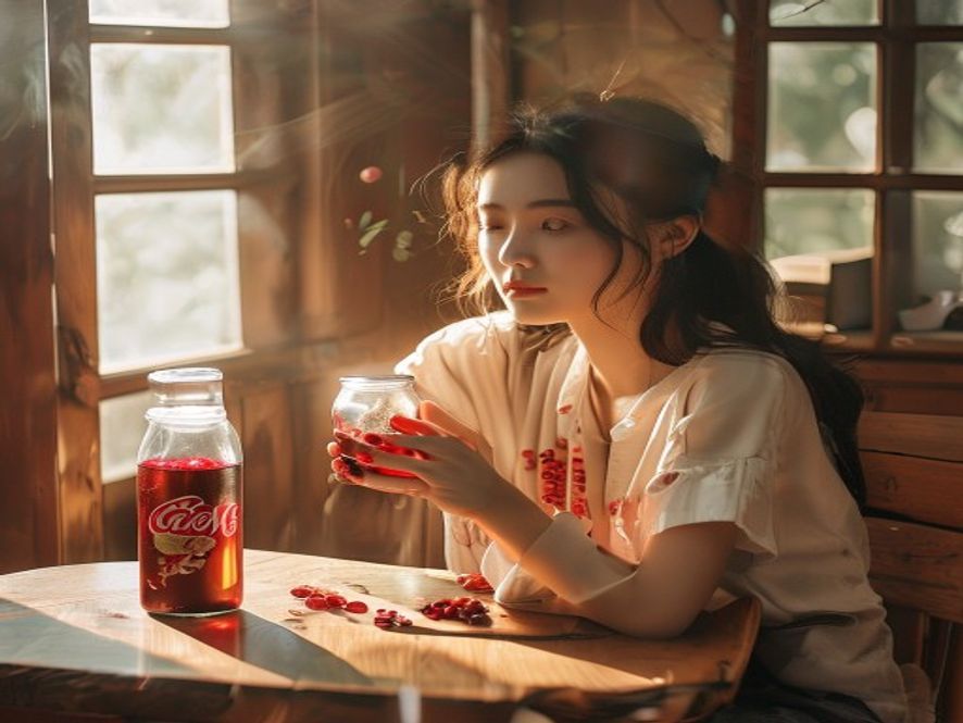 年轻人的保温杯泡枸杞,旁边放着一罐可乐,对比健康选择