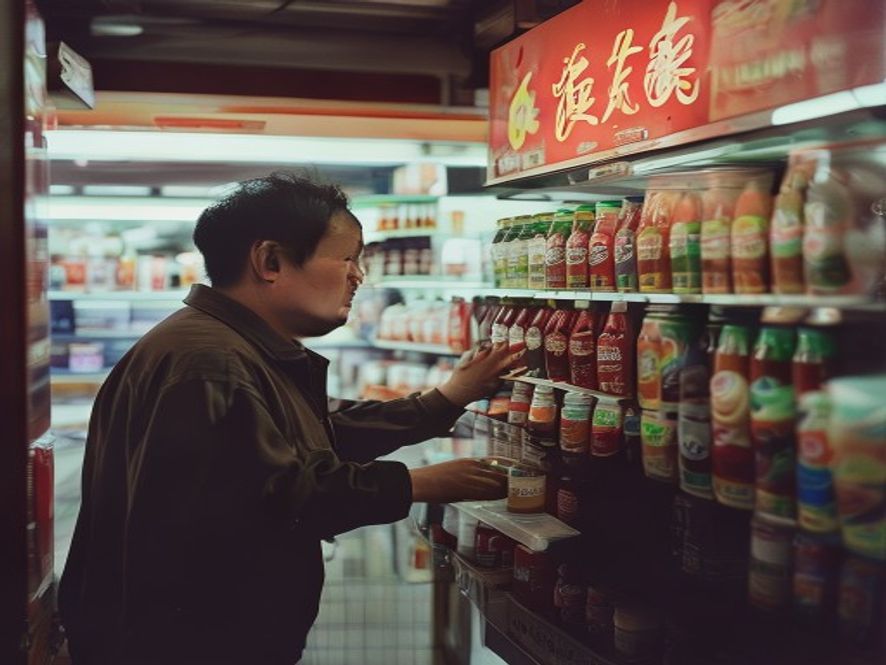 便利店老板看着冰柜里无人问津的碳酸饮料,年轻顾客正在选购无糖茶饮