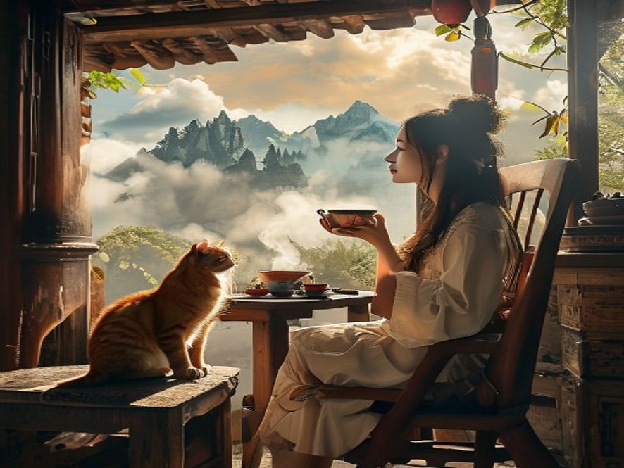 旅行者在丽江客栈院子里悠闲看云
