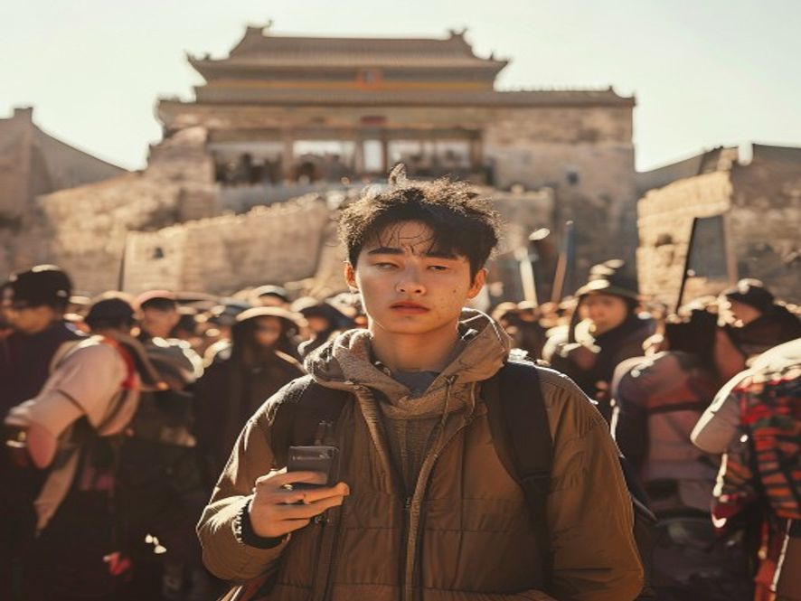 年轻人在拥挤景点疲惫打卡