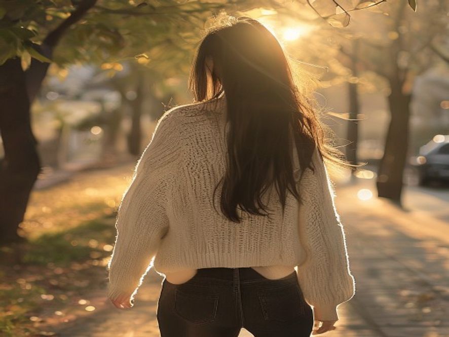 一位年轻女性走在街上,背影展现整体穿搭轮廓