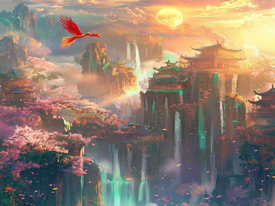 动画中蓬莱仙境的泼墨水彩风格全景,云雾缭绕的仙山、浮岛和金色霞光,画面壮丽唯美