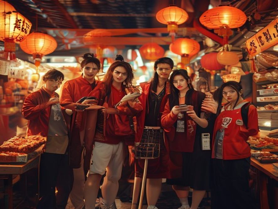 八仙角色在热闹夜市中,铁拐李宅男打扮,吕洞宾用手机自拍,何仙姑在旁吐槽,背景是烤串摊和灯笼