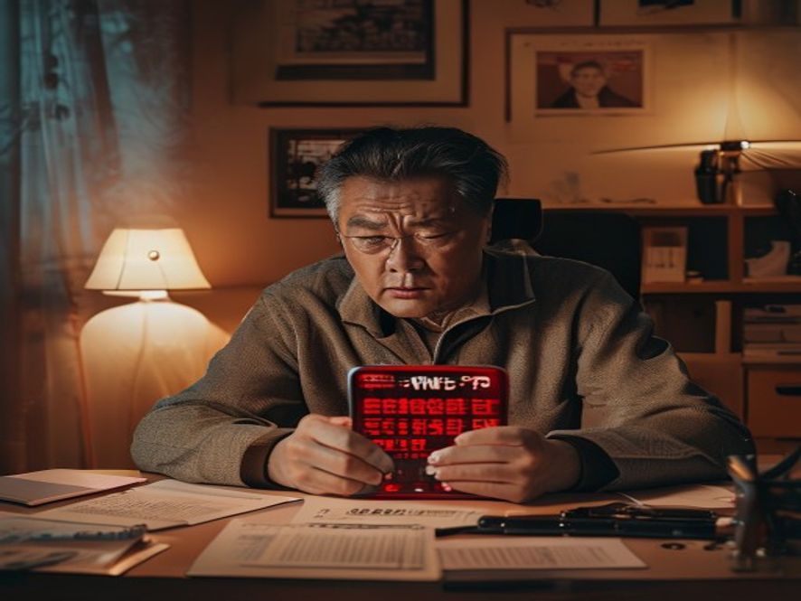 一位中年男子坐在书房里,看着手机上的亏损数字,表情沮丧,桌上放着任泽平付费社群的宣传册