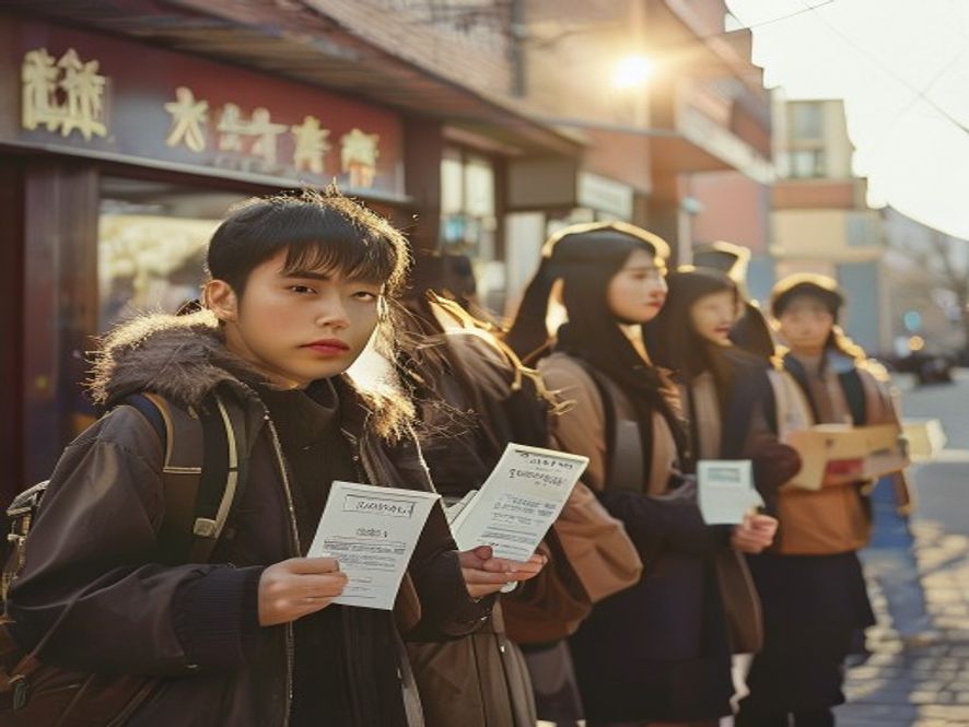 一群中国硕士毕业生在公务员考场外等待考试