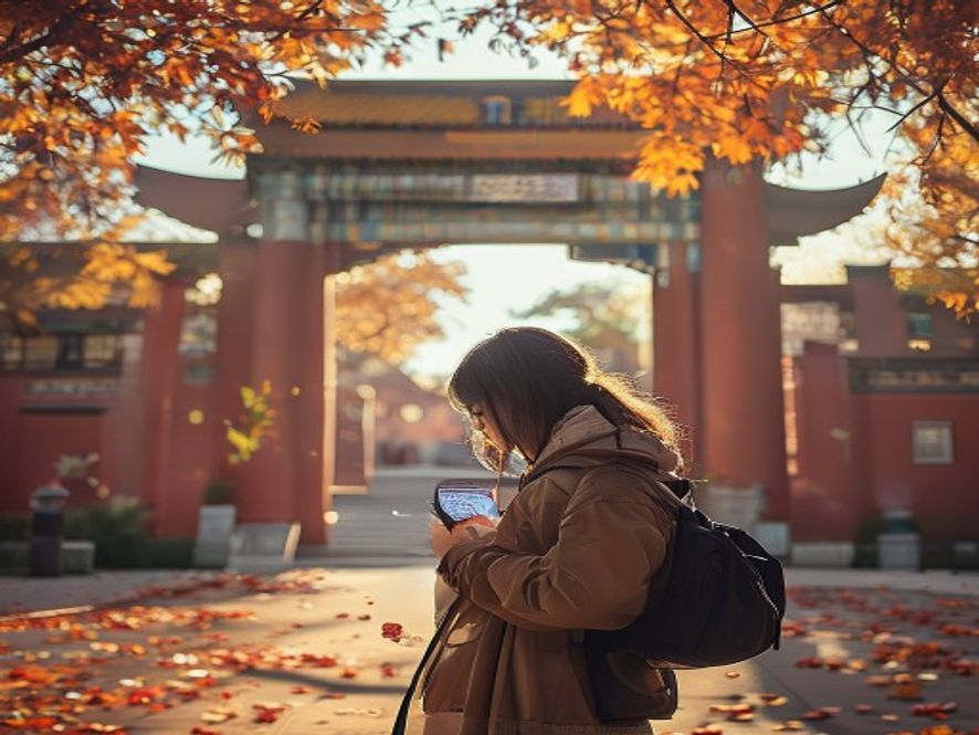 北京大学校园中一名学生看着手机上的取消社会学学硕新闻