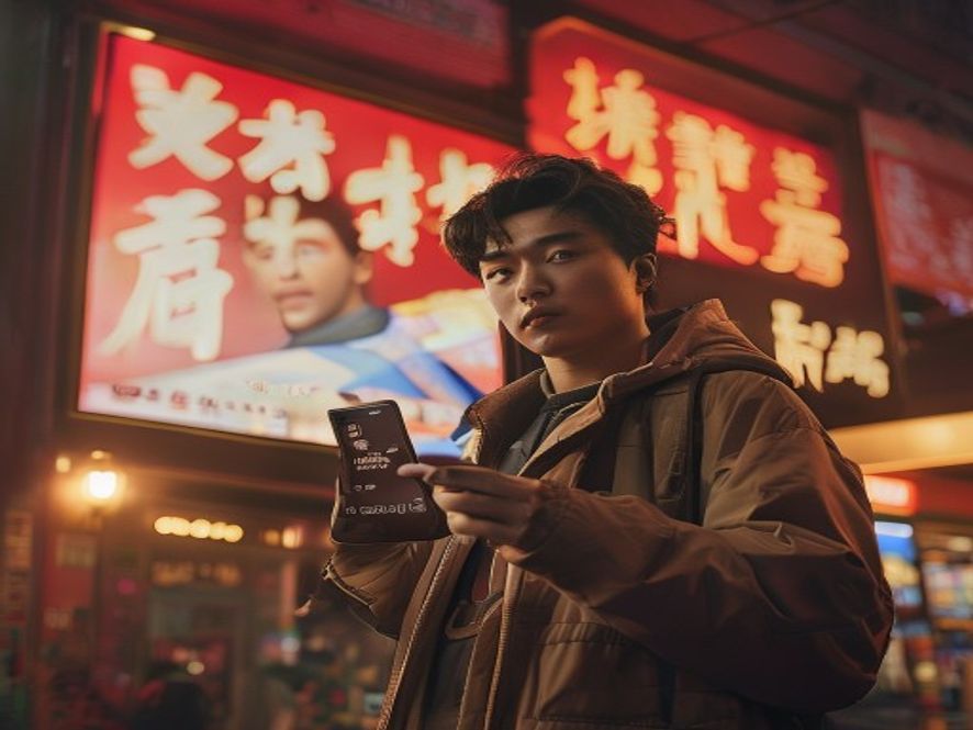 观众在影院前看着手机上的豆瓣评分和电影海报