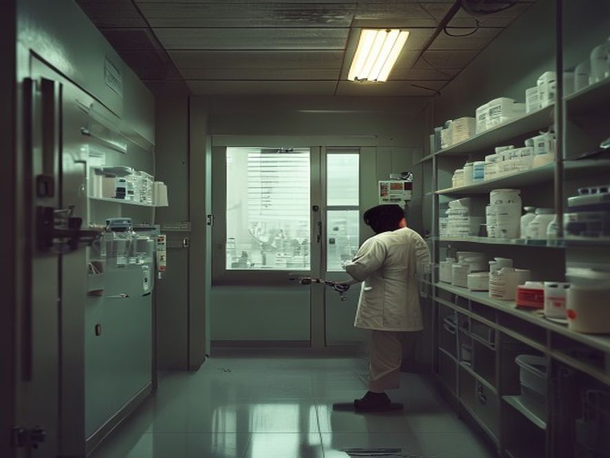 医院配药间门禁不严、输液管随意放置的场景
