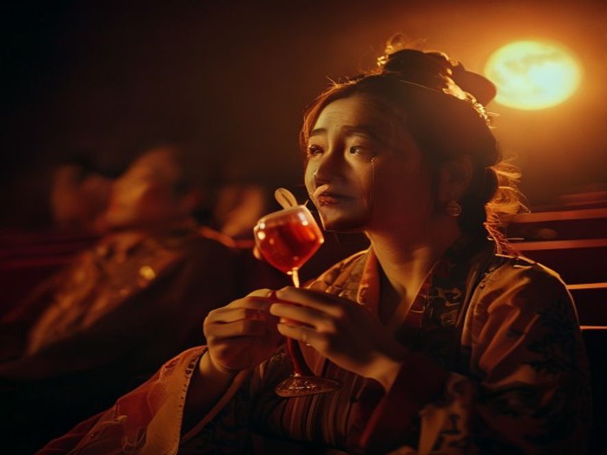 一位中年女性在电影院观看《长安三万里》被感动落泪