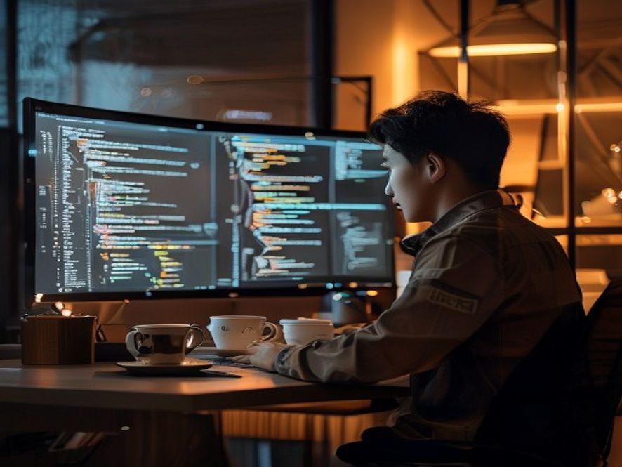 中国工程师在电脑前使用DeepSeek模型界面