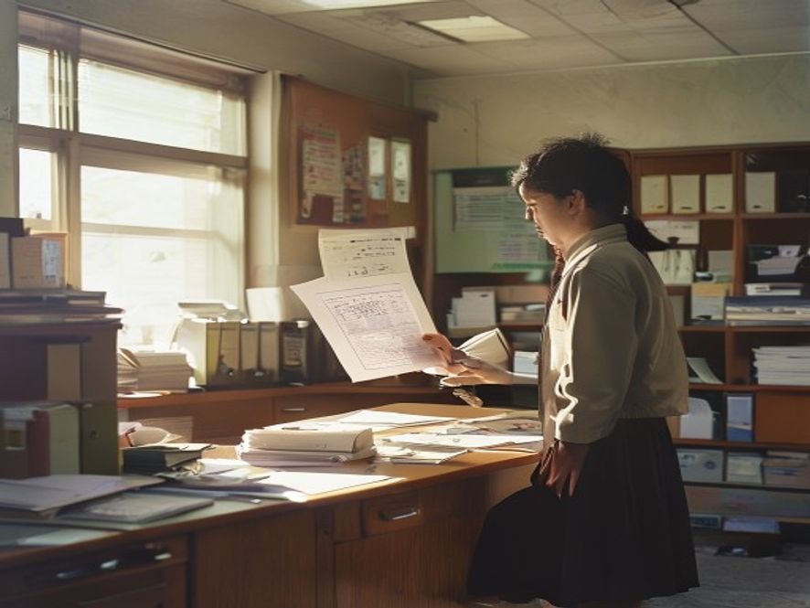 中学校园办公室里,学生拿着表格找老师盖章