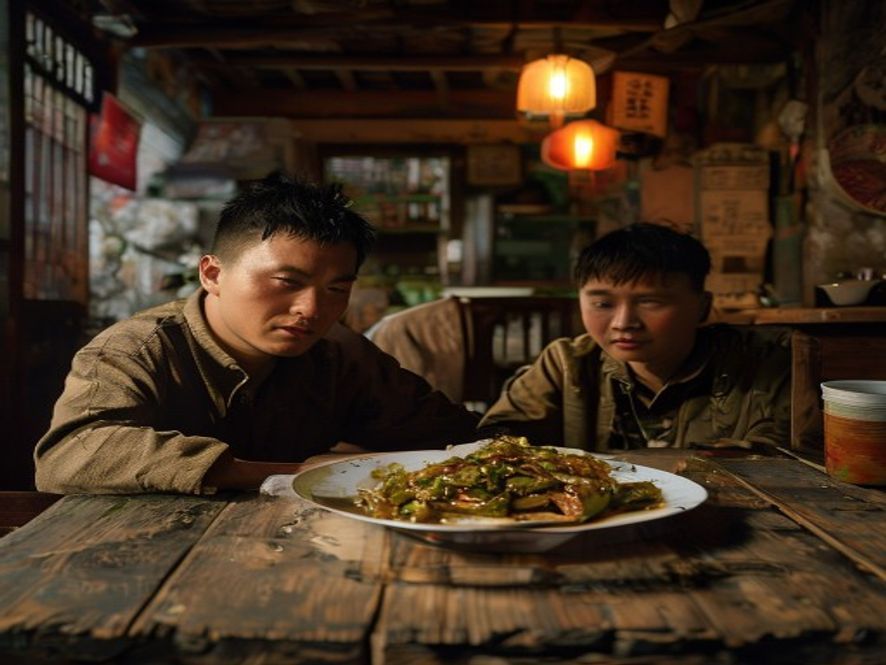 两个中国男人在江西小餐馆里看菜单,桌上摆着一盘辣椒炒肉