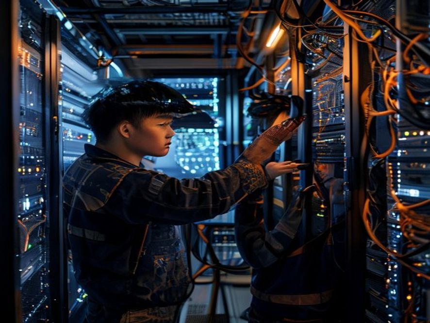一群中国工程师在数据中心紧张工作,调试显卡和模型参数