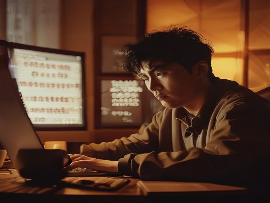 一个年轻人坐在电脑前,屏幕上显示逻辑链条从'旭旭宝宝不看'到'没品味的网瘾中年'