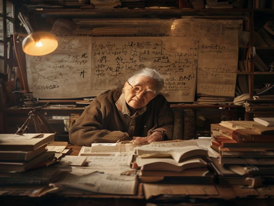 一位老数学家坐在堆满书籍的书桌前,面对复杂公式,面露困惑