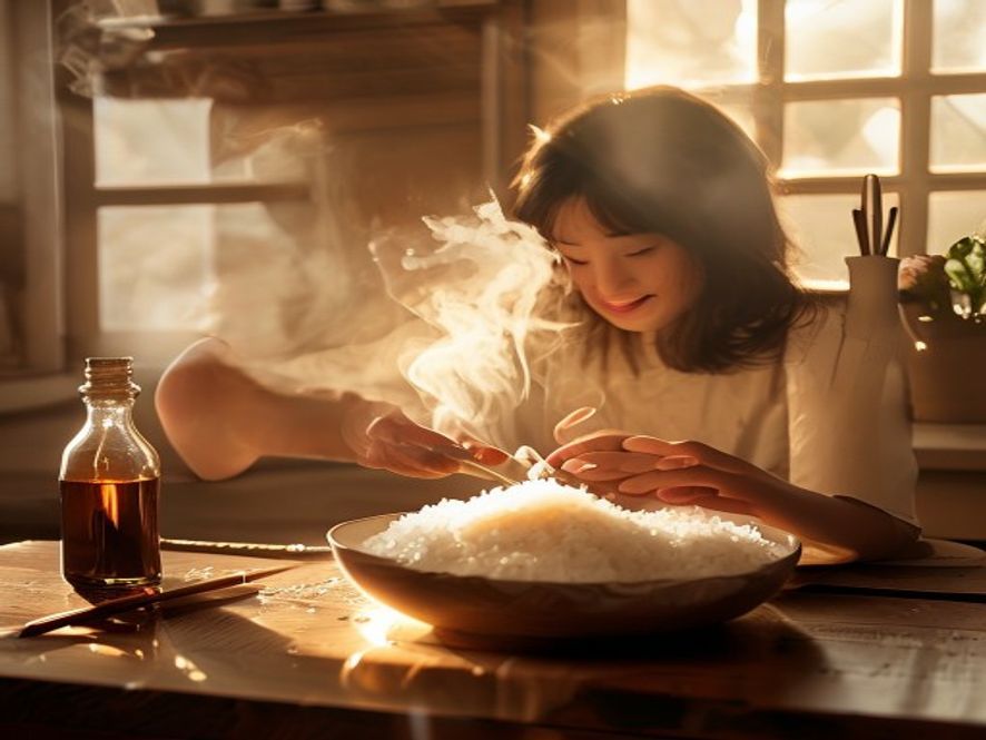 热气腾腾的米饭上打入一颗生鸡蛋,准备搅拌