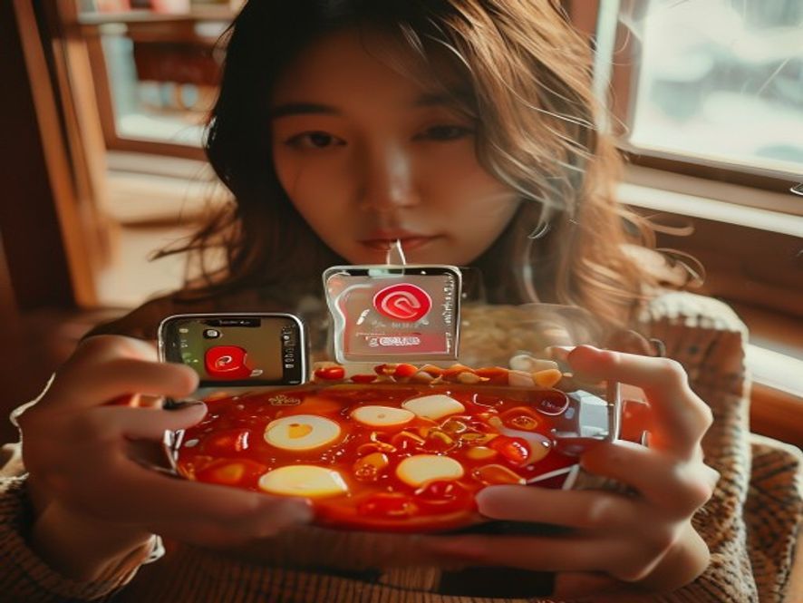 日本女网红用手机拍摄一碗红彤彤的麻辣烫,腐竹吸满汤汁,背景有TikTok界面