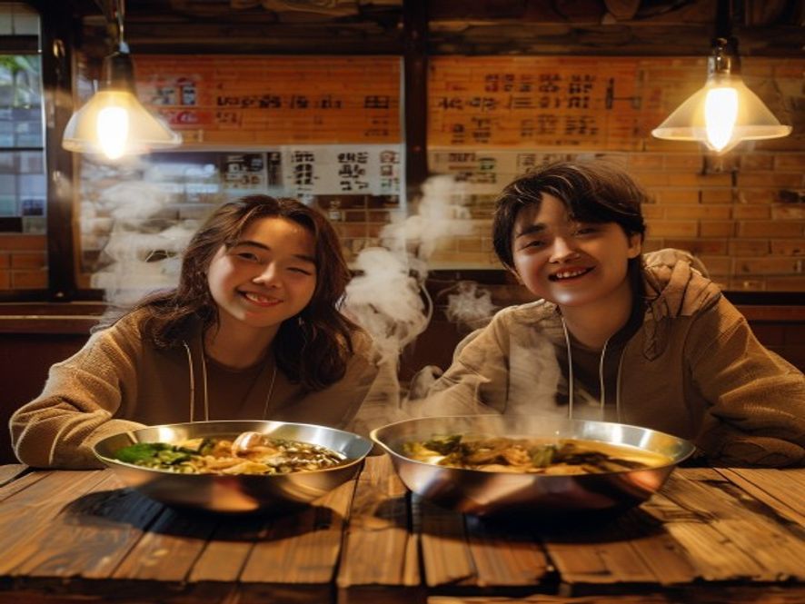 两个韩国年轻人在首尔麻辣烫店里开心地吃着大碗麻辣烫